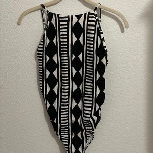 Black + White High Neck/Low Back Cheeky One Piece